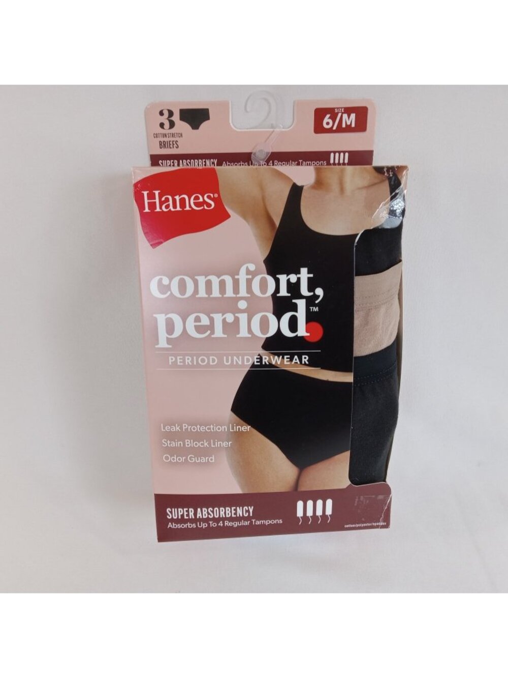 Hanes Comfort Period Underwear Briefs Size 6 Medium 3-Pack Black Nude